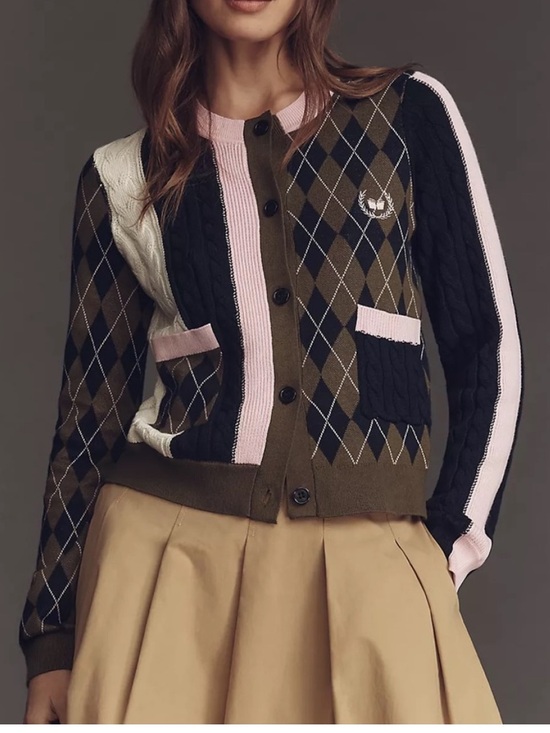 Maeve Sweaters - Maeve Olive, Black & Pink Argyle Knit Cardigan